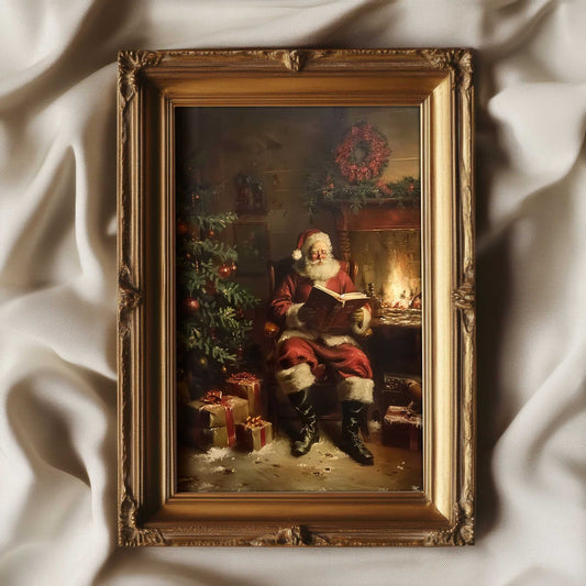 Cozy art print of Santa Claus reading a book by the fireplace next to the christmas tree. The print is in the style of a vintage oil painting. 