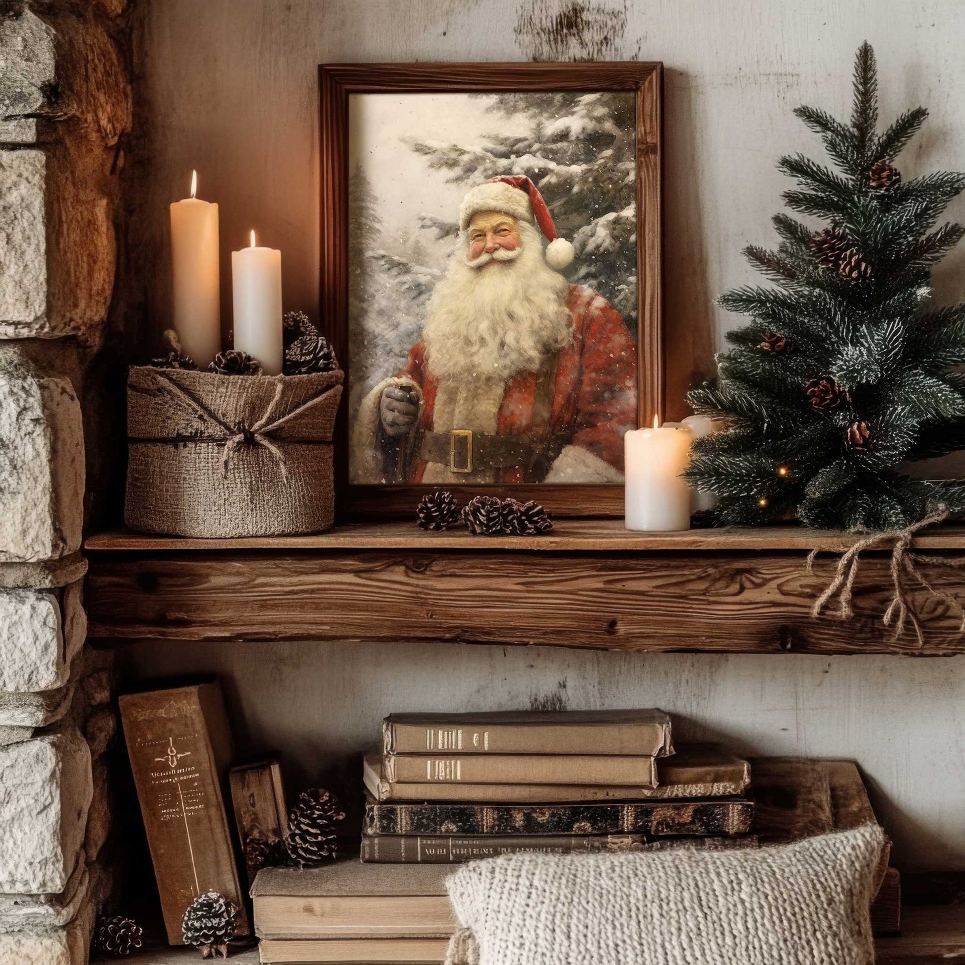 Santa Claus in winter forest print perfect for cozy vintage cottage homes