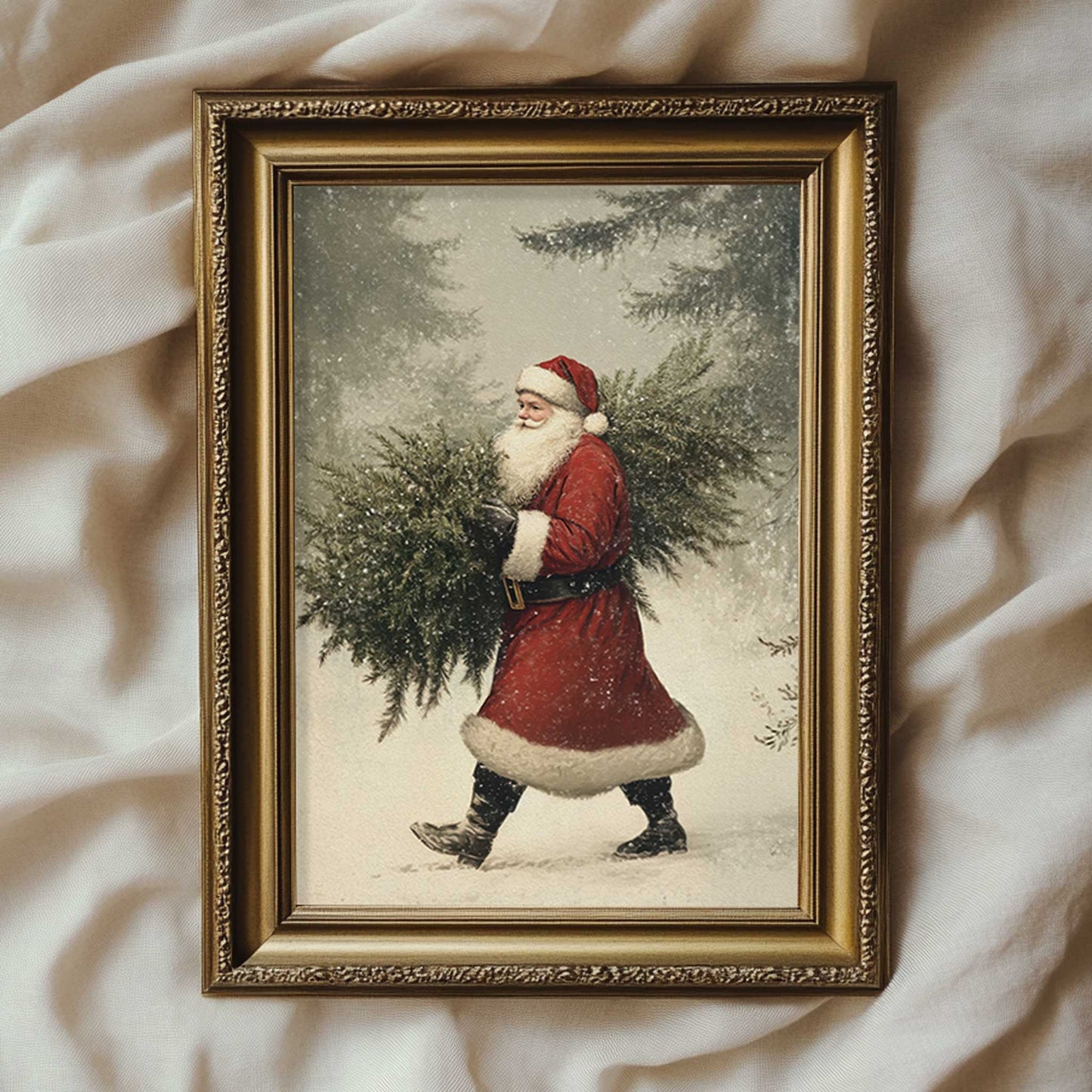 a vintage print of Santa Claus carrying a christmas tree in a snowy winter forest