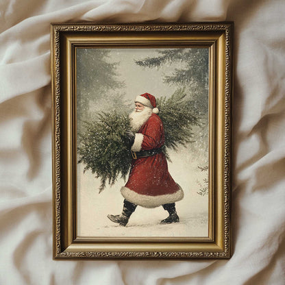 a vintage print of Santa Claus carrying a christmas tree in a snowy winter forest