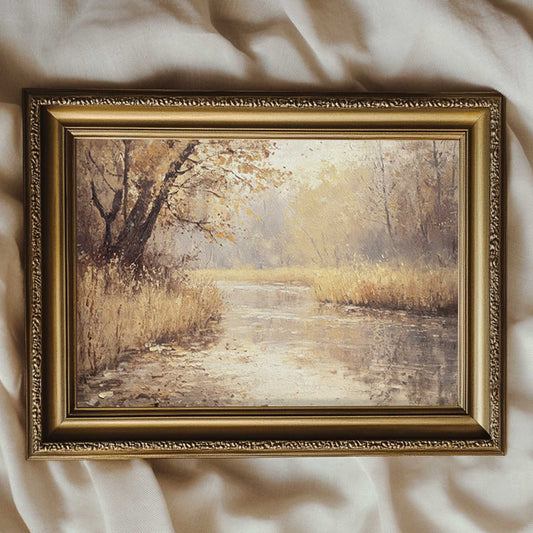 a vintage style painting of a river landscape in fall with warm muted tones