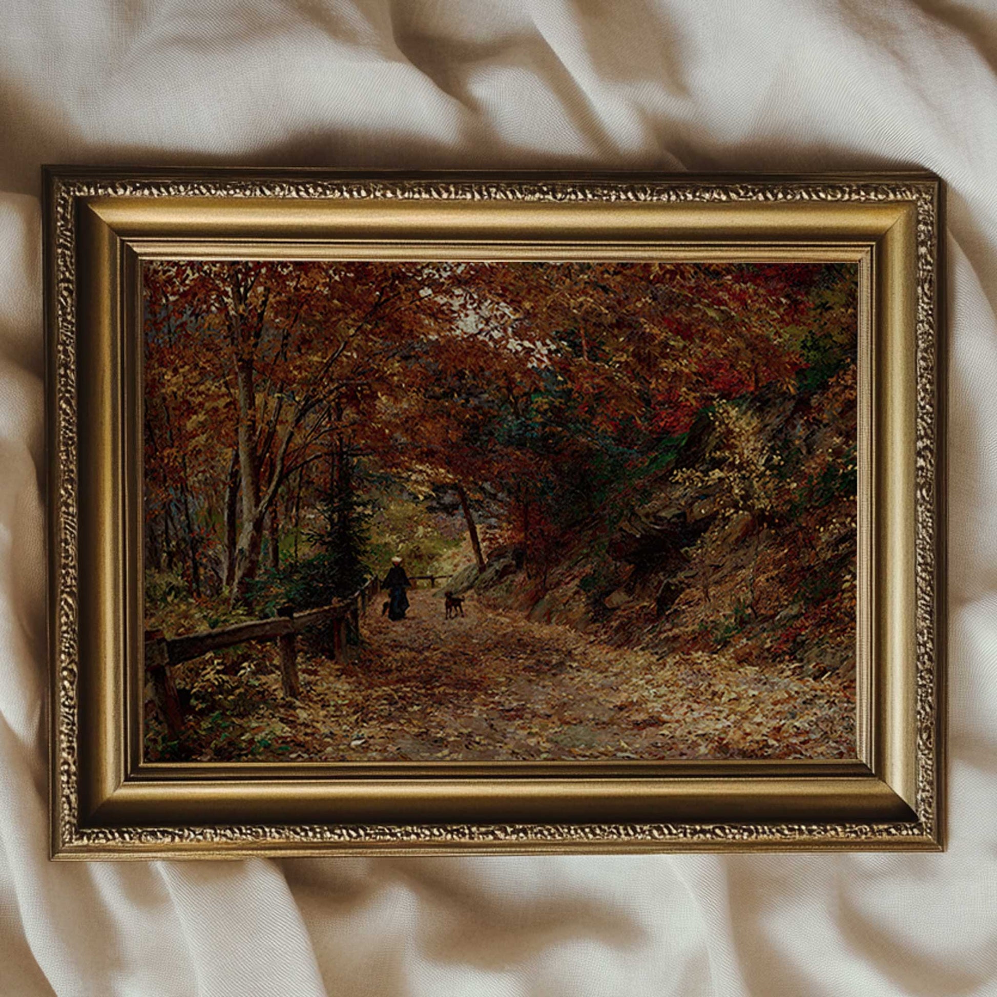 a vintage painting of a woman and her dog taking a stroll in a colorful autumn forest