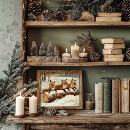 baby foxes print in a cozy cottage style home decorated for christmas