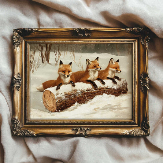 a vintage style art print showing three little foxes playing in the snow hiding behind a tree trunk