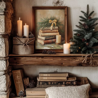 a classic still life painting of beige books and a candle. The painting is framed in a cozy cottage living room decorated for Christmas. 