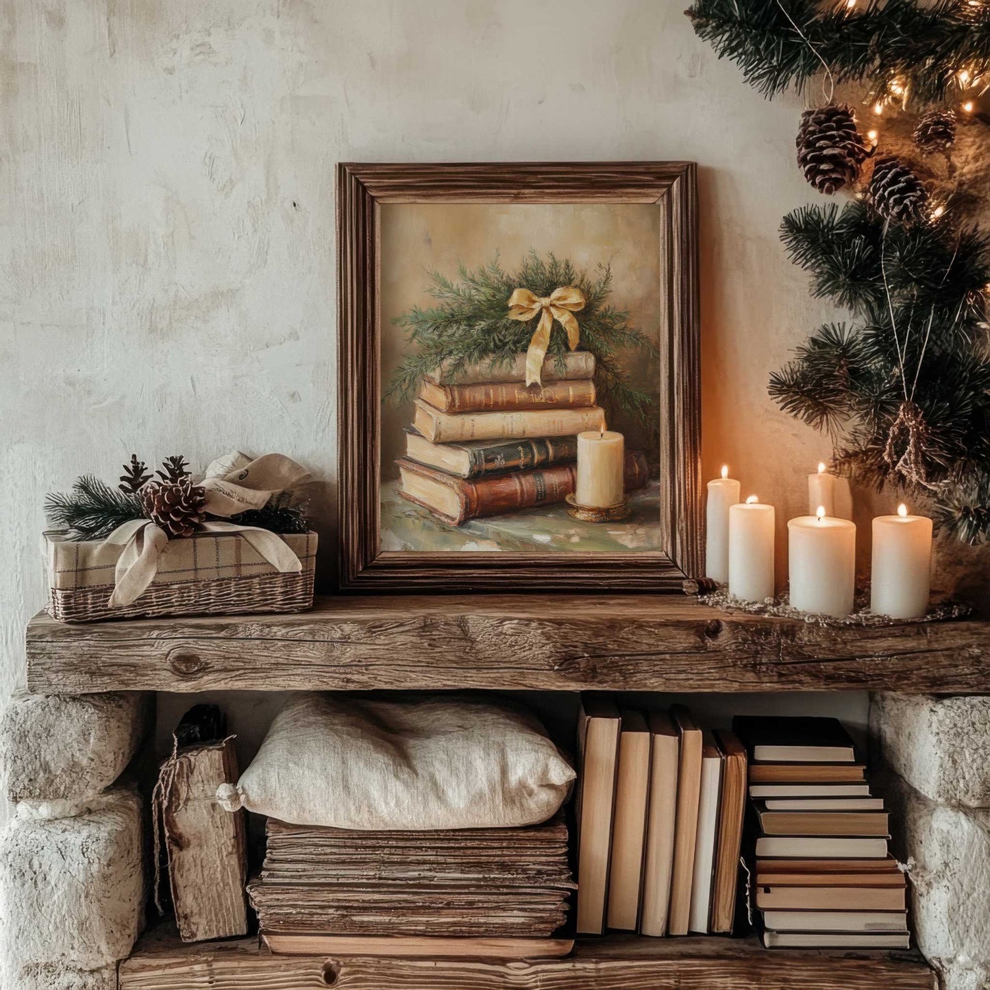 Beige Christmas Books Print