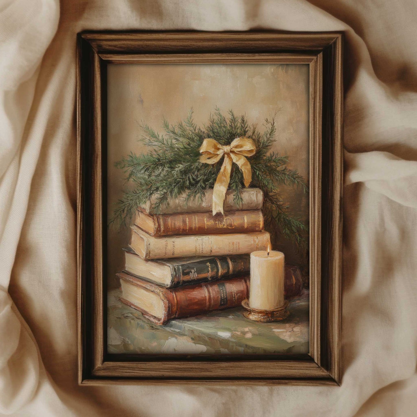 a festive vintage still life painting of  books and a candle. the colors are beige and brown