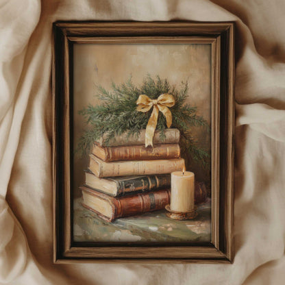 a festive vintage still life painting of  books and a candle. the colors are beige and brown