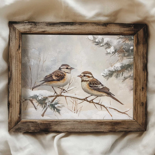 a cozy vintage style art print of two birds in. the snow in a winter landscape