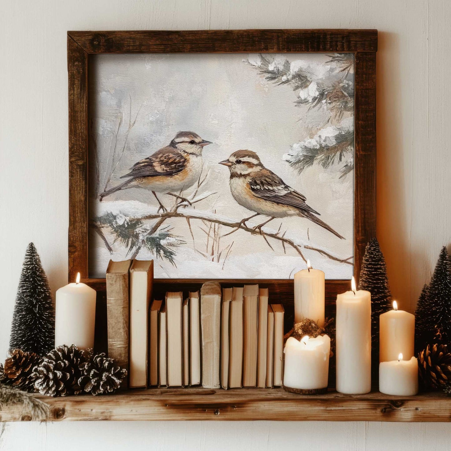 birds in the snow painting framed in a cozy cottage style home decorated for christmas