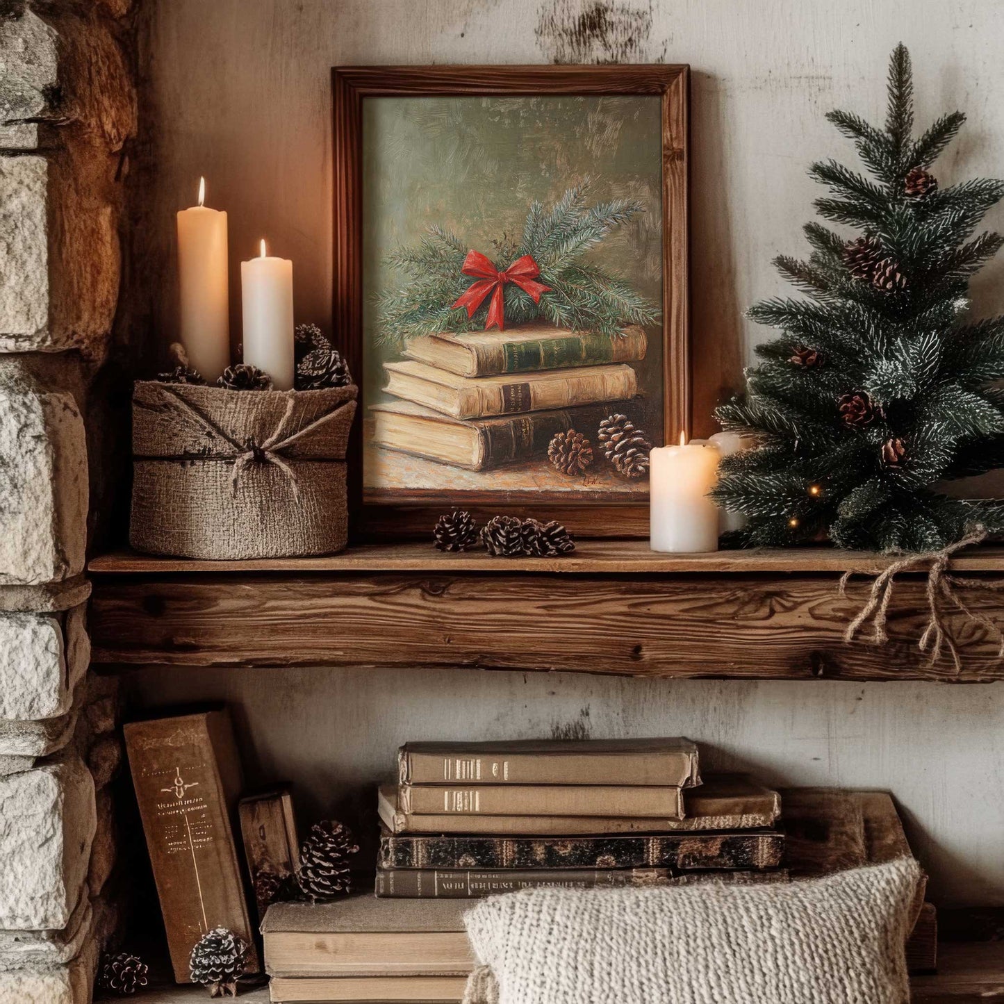 bookish christmas print in a cozy cottage living room