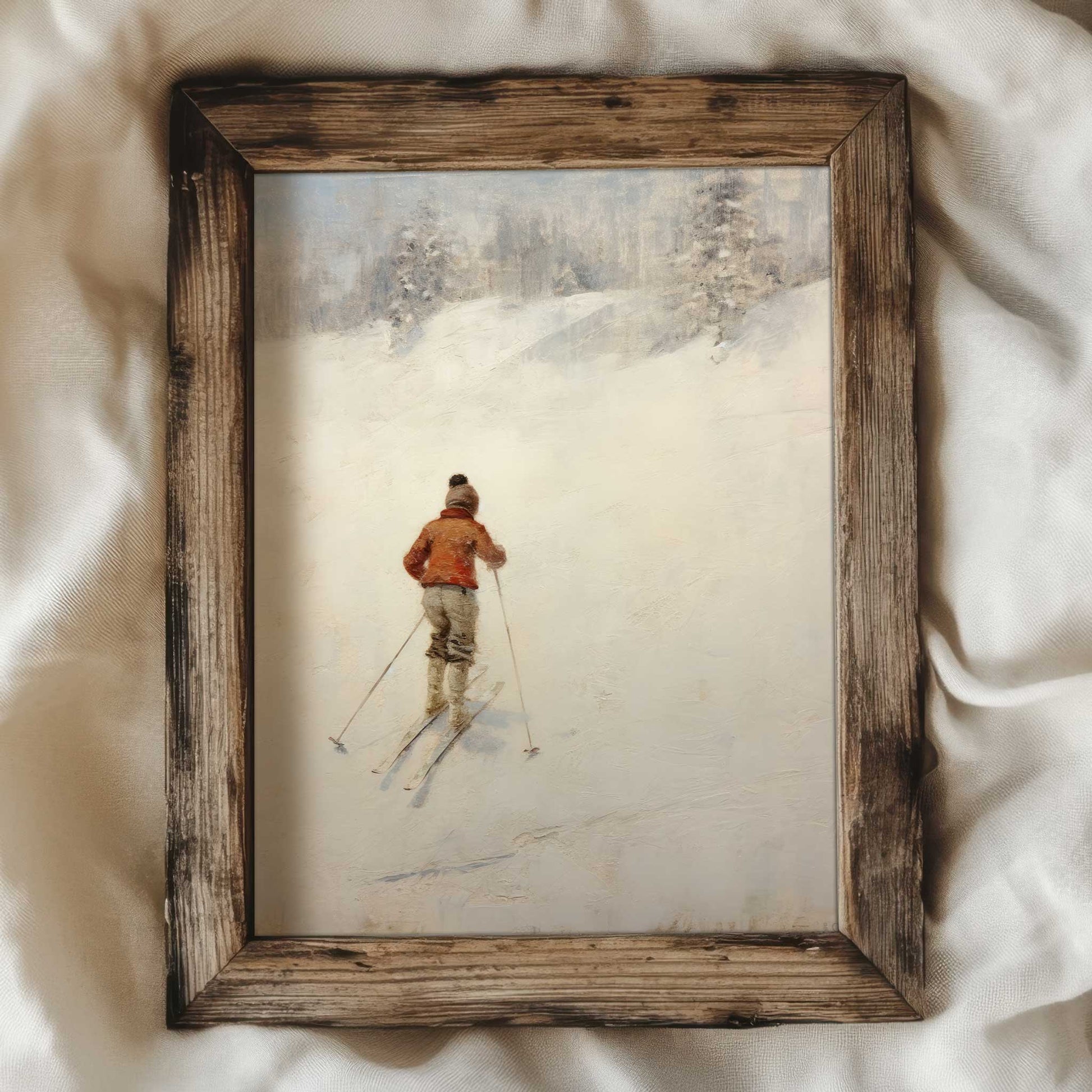 a vintage painting of a little boy on skiers in the snow