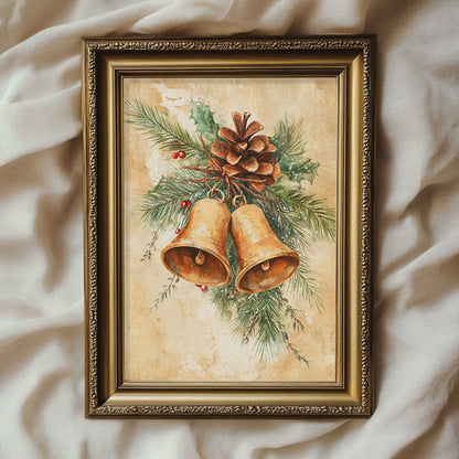 a vintage drawing of christmas bells with pine tree branches and a pinecone 