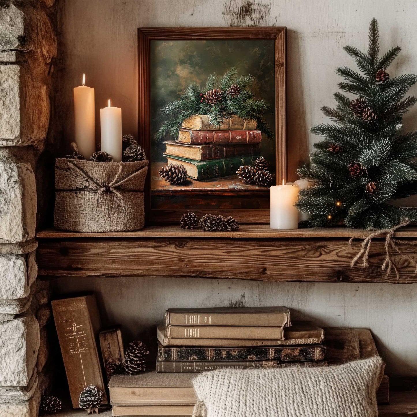 moody christmas print in a cozy cottage living room