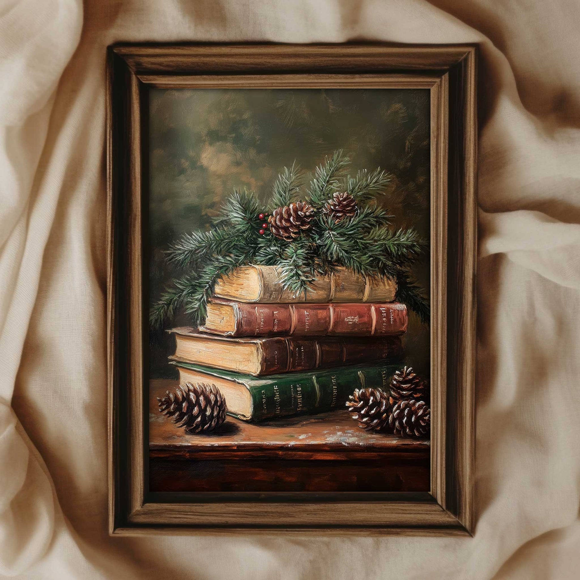 a vintage style art print displaying pine tree branches laying on top of old books with pine tree cones laying around. The artwork is in the style of a moody vintage still life painting. 