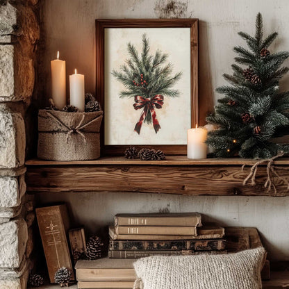 botanical christmas print in a cozy cottage living room