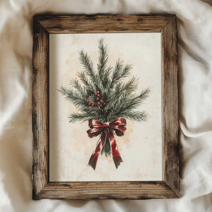 a vintage style botanical drawing showing a bouquet of pine branches with a dark red bow around it