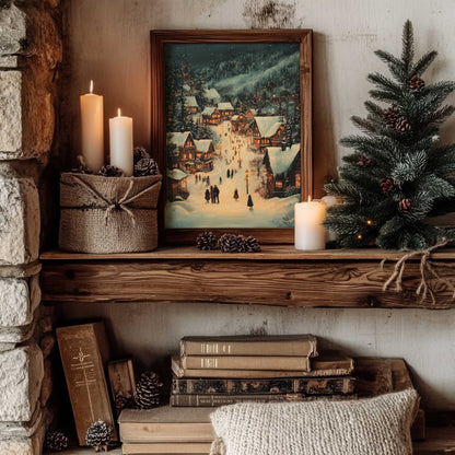 vintage style wall art of a cozy christmas village in the mountains at nights with cozy and moody lighting perfect for cozy cottage christmas decor