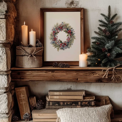 a vintage style christmas wreath print in a cozy cottage living room decorated for christmas