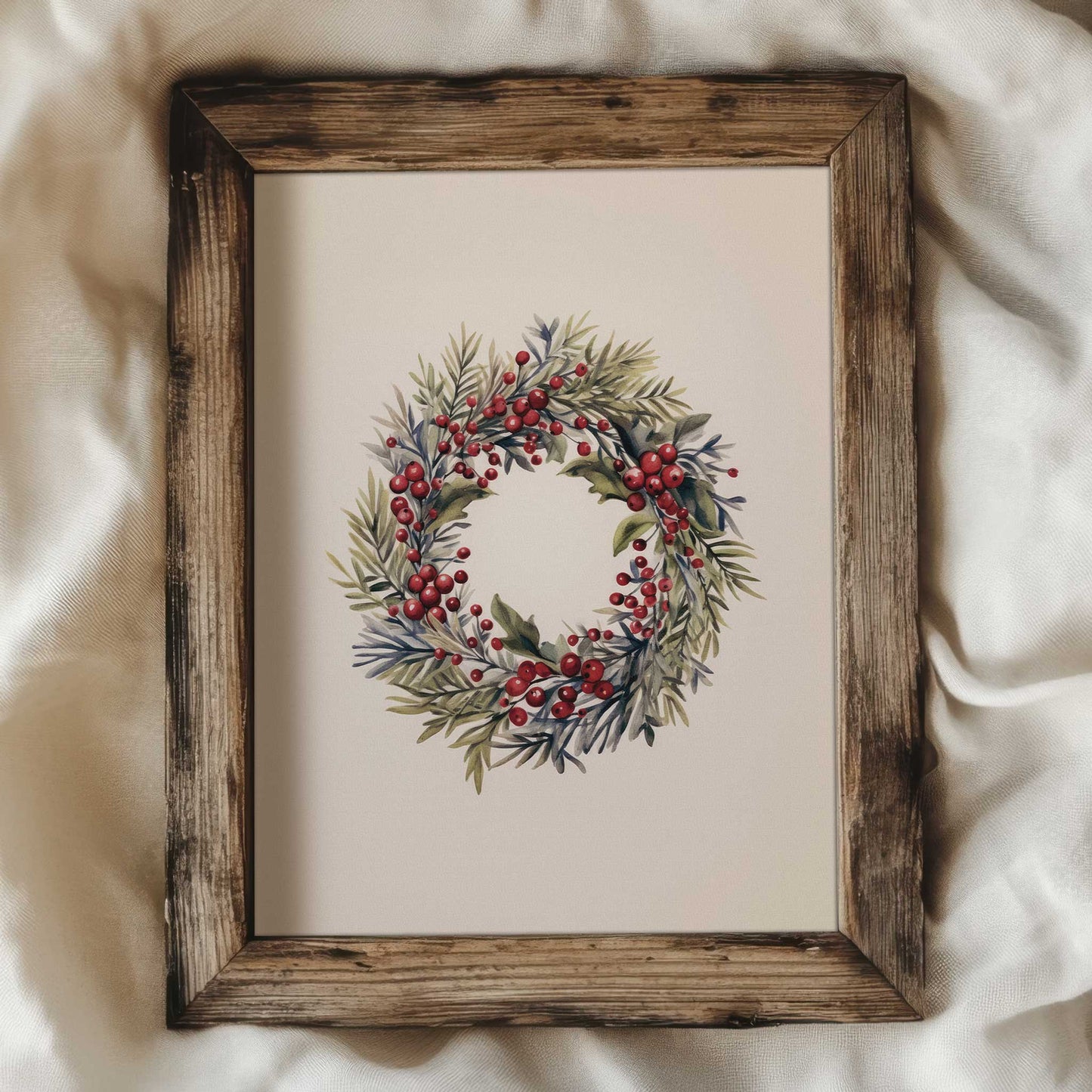 a vintage print of a christmas wreath with juniper and winterberry