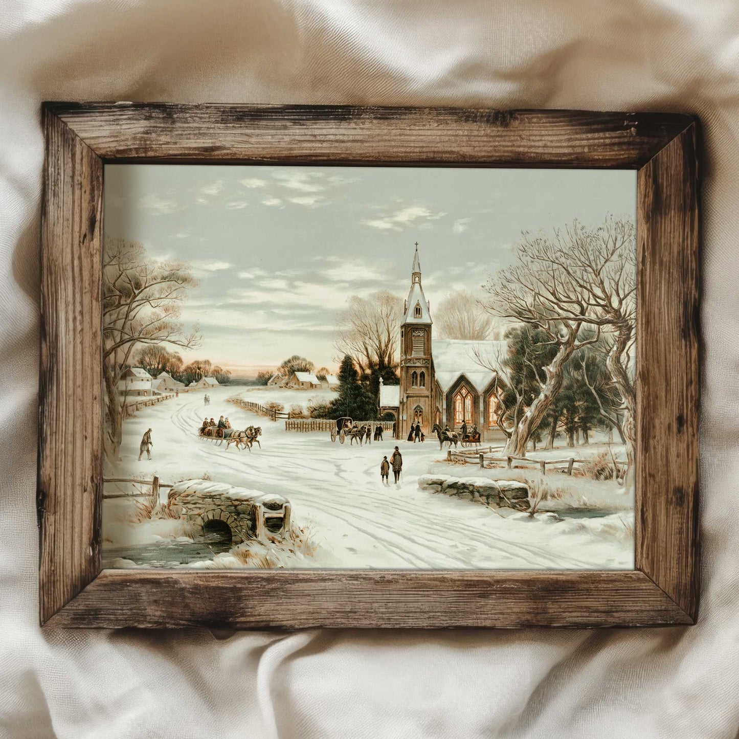 vintage painting of a church on christmas day with people coming to the church. The whole village is covered in snow. 