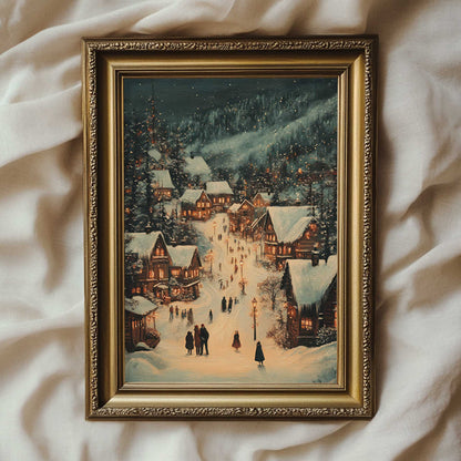 a vintage style oil painting of a cozy christmas village in the mountains at nights with cozy and moody lighting 