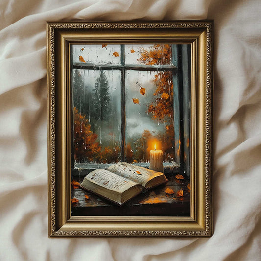 a beautiful wall art print of a rainy autumn afternoon with a book and a candle on the windowsill and rain clashing against the window. Outside the window theres a foggy autumn landscape. The print has a cozy feeling to it and is in the style of a vintage oil painting. 