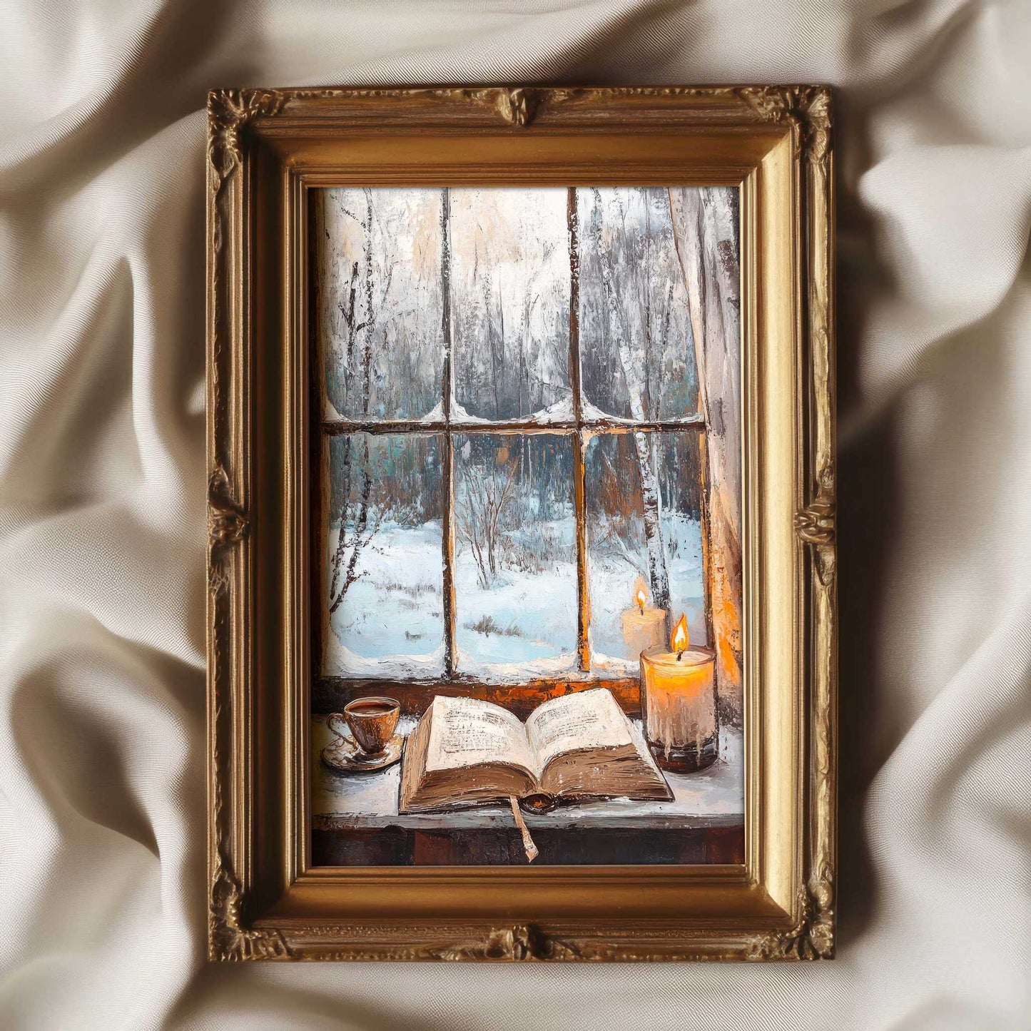 art print showing a book, a candle and a cup of tea on the windowsill with a winter landscape outside. The print is in the style of a vintage oil painting and has a cozy feel to it. 