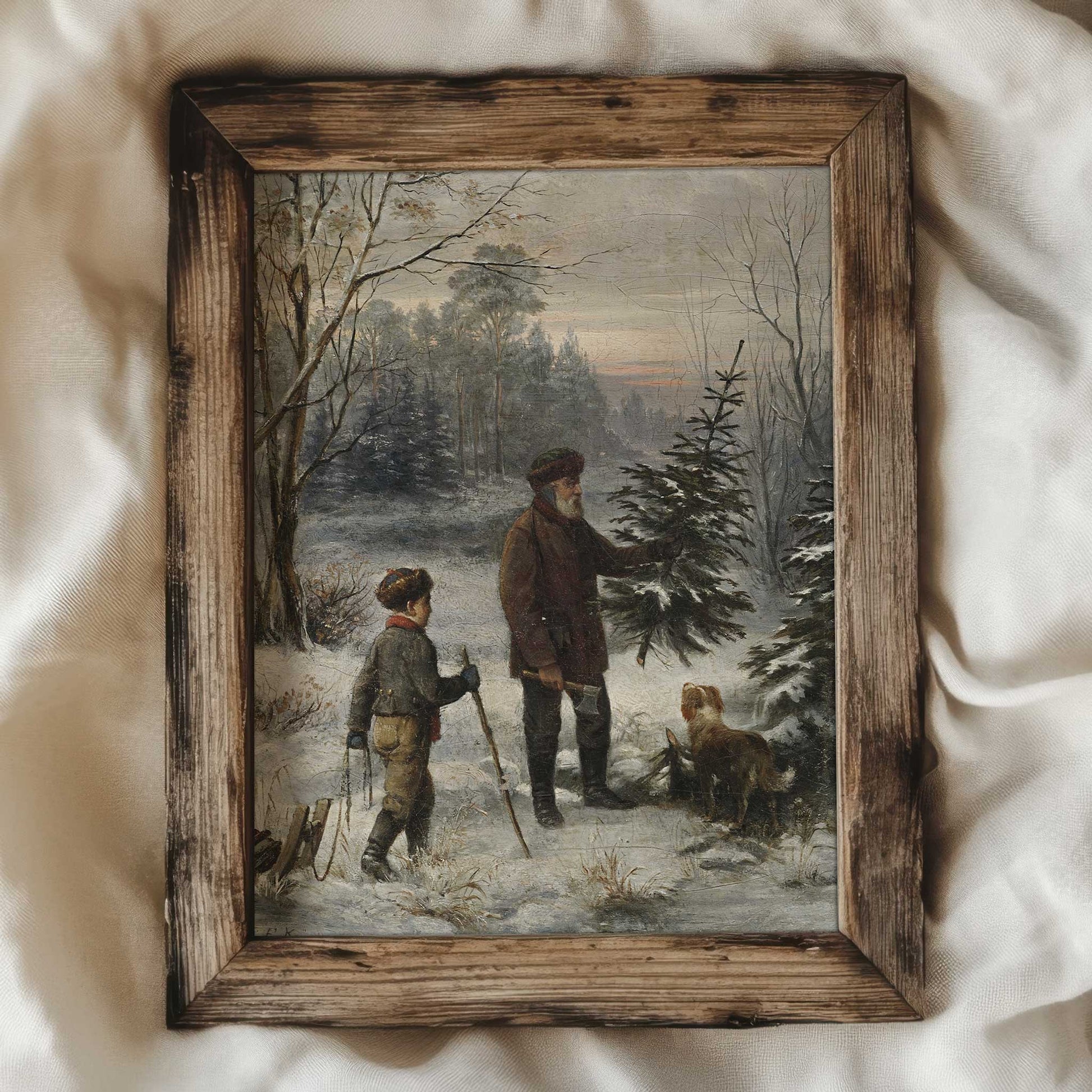 a vintage wall art painting of a grandfather, grandson and little dog cutting a fresh christmas tree from the forest. 