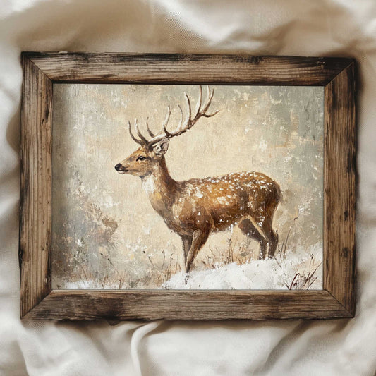 art print showing a deer in a winter landscape. the print is in the style of a vintage oil painting and has a textured appearance.