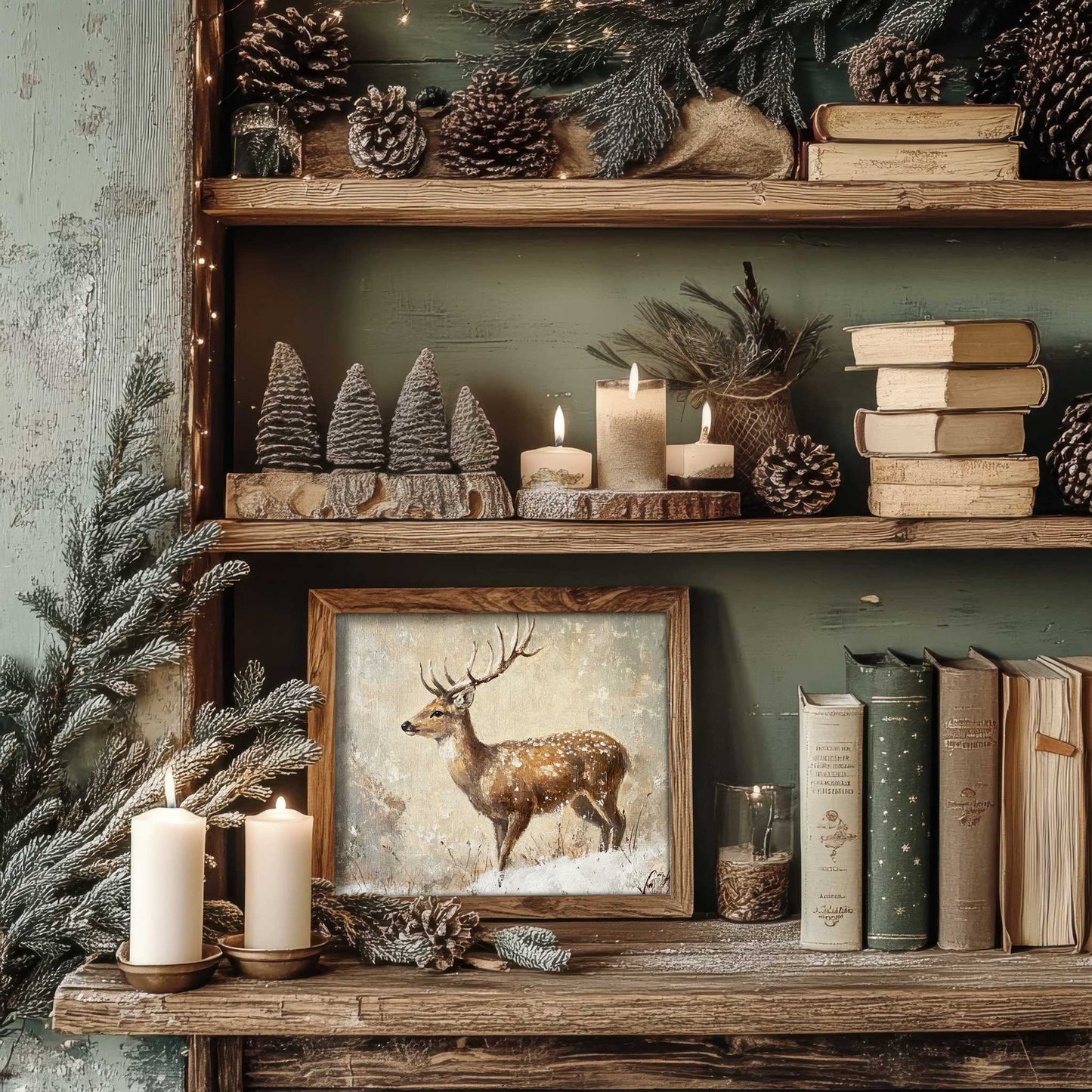 a vintage deer painting in a cozy cottage home decorated for christmas