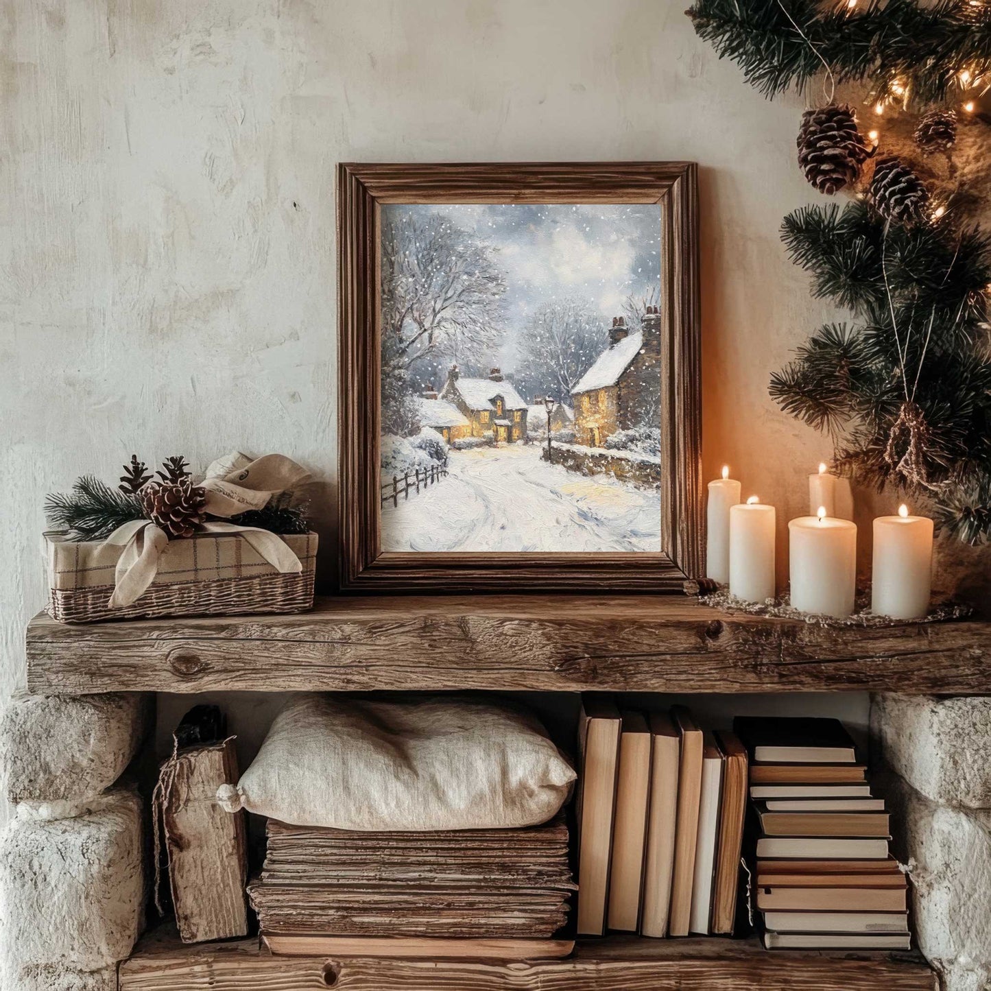 english village in winter print on a shelf in a cozy cottage home