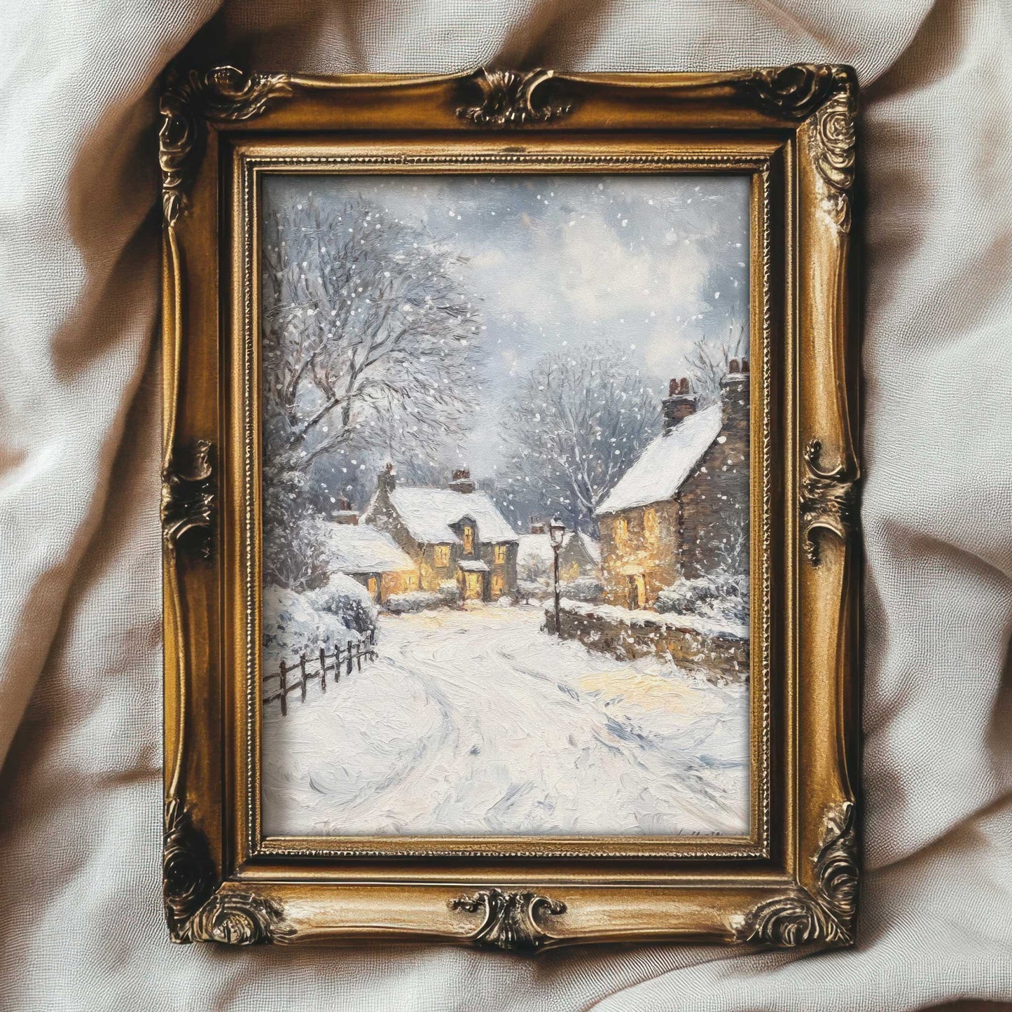 a vintage style painting of an english village on a snowy winter evening