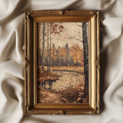 a vintage style painting of a river in a beautiful fall forest. the print has muted colors and a textured appereance.