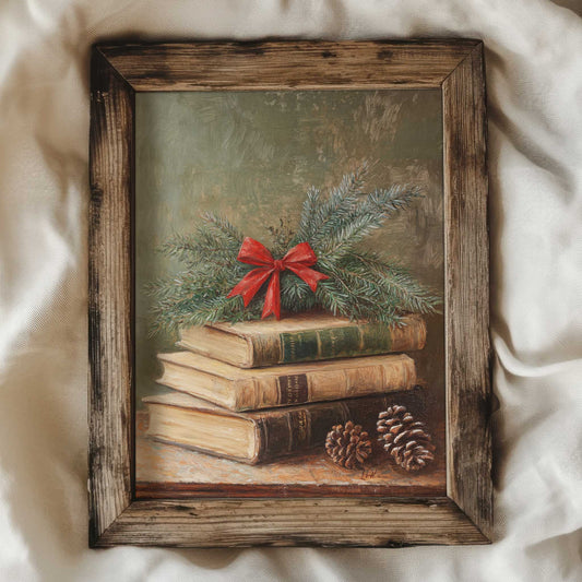 art print displaying pine tree benches with a bow laying on top of old books. The painting has a festive look and is in the style of a vintage still life painting.