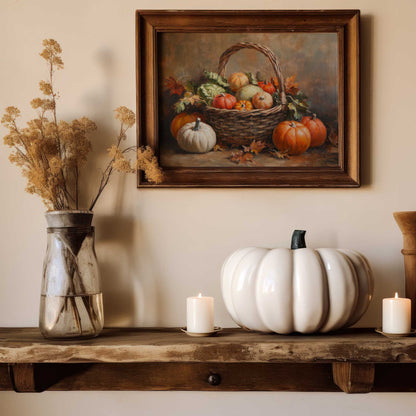 vintage moody harvest basket print  in a country cottage home