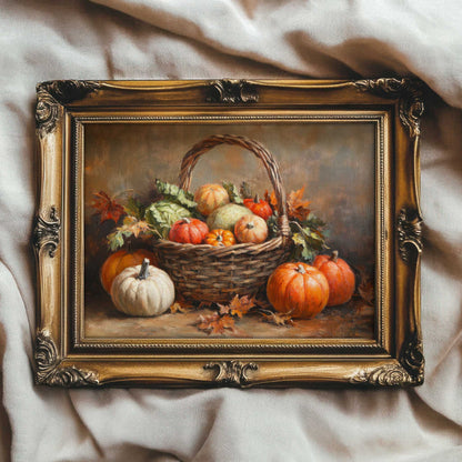 a print displaying a basket filled with vegetables and pumpkins after harvest. The print is in the style of a vintage still life painting with a textured appearance. 