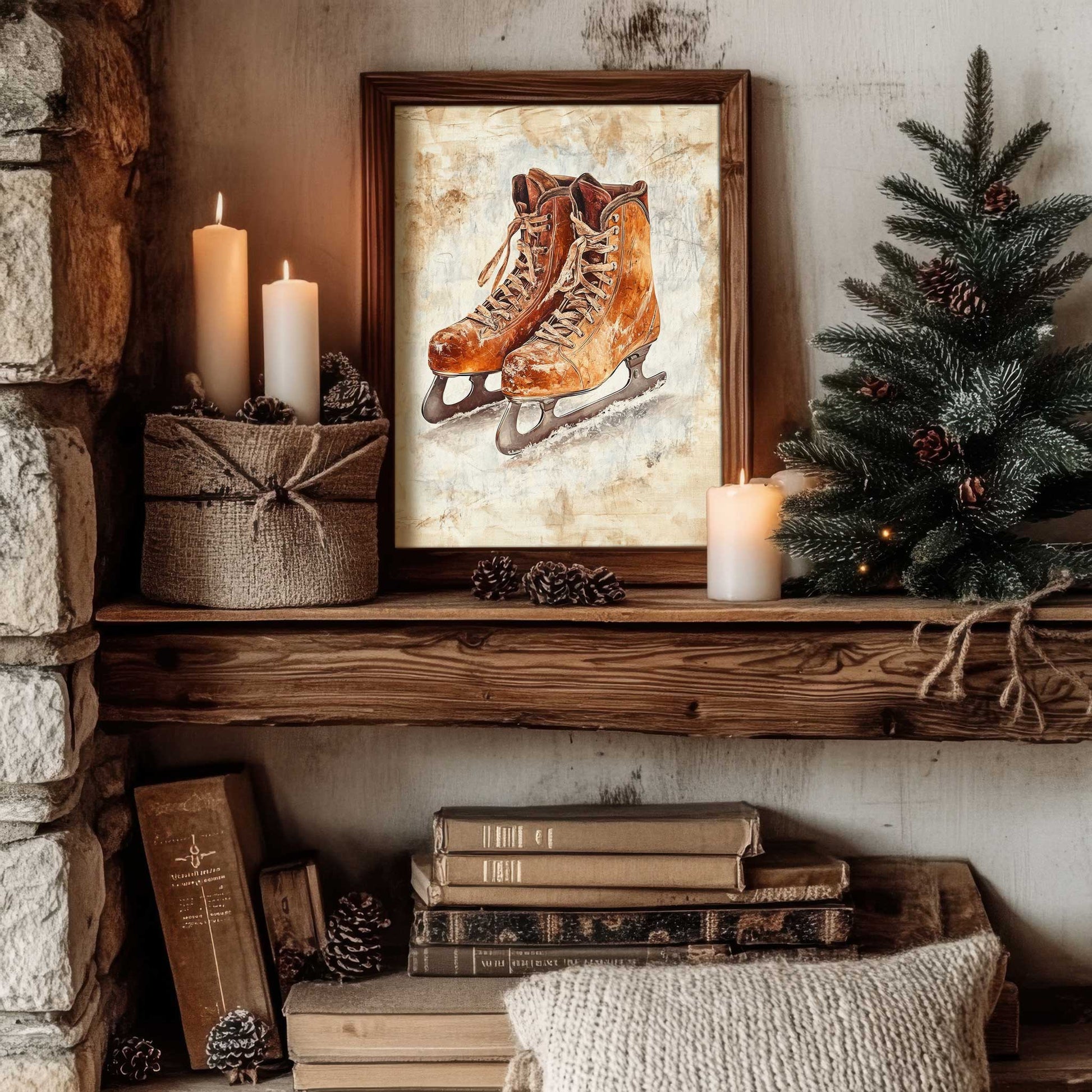 vintage ice skates print in a cozy country cottage style home