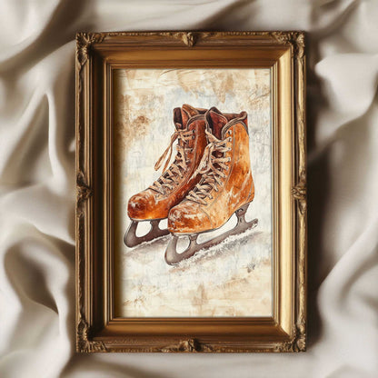 a vintage drawing of ice skates. the print has a nostalgic feel to it. 