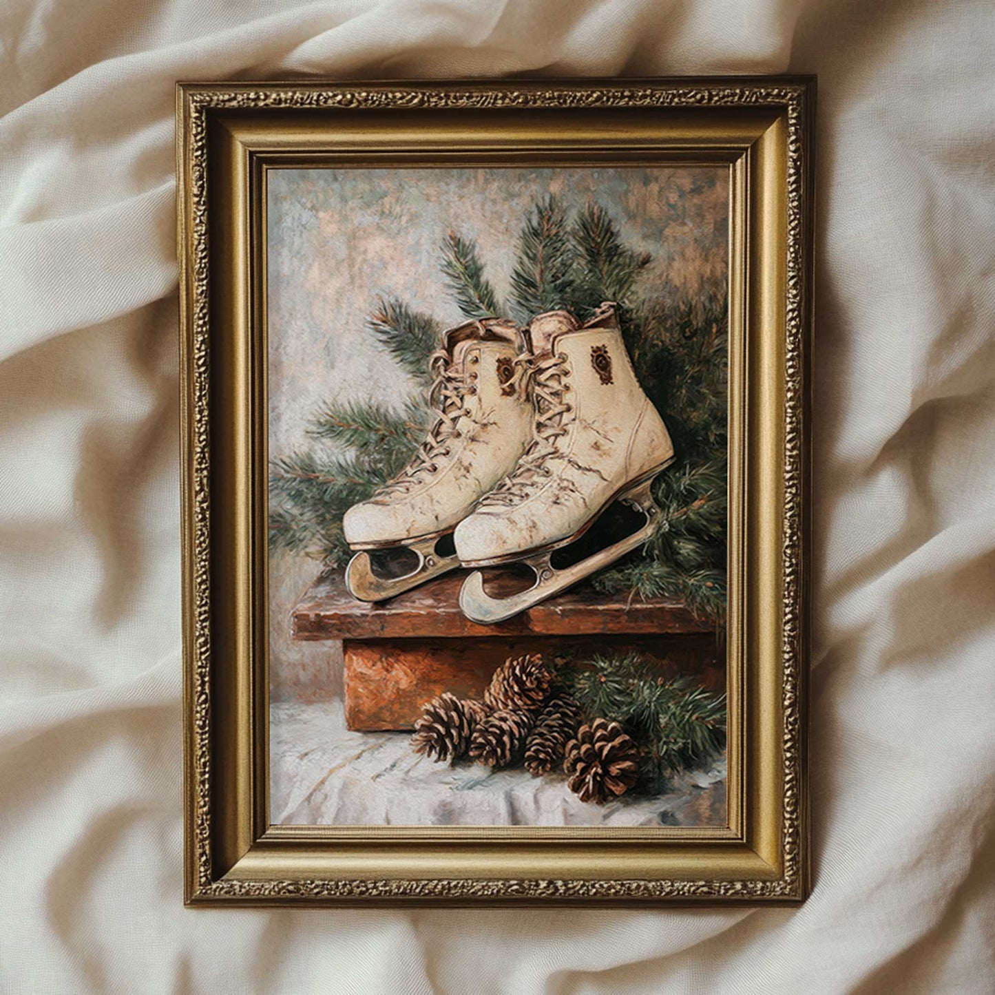 a vintage style painting of ice skates laying branches of pine tree. 