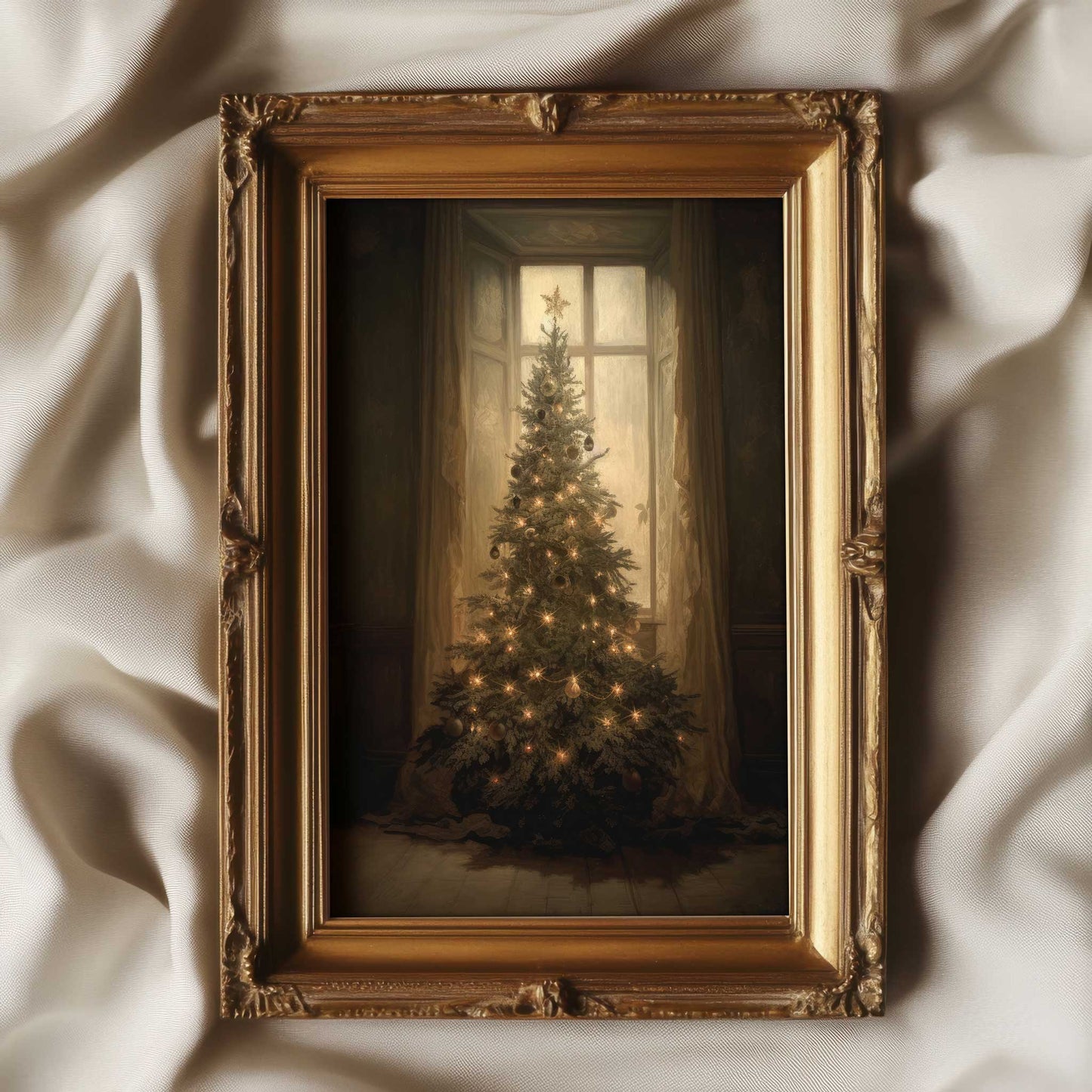 a moody art print of a christmas tree in a dimly lit room in the style of a vintage oil painting