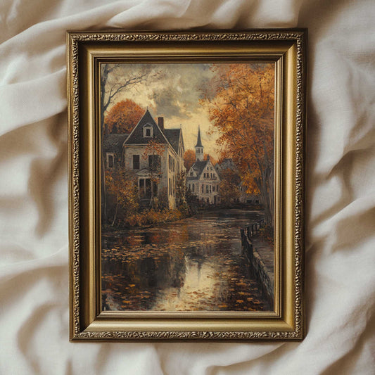 a moody print of Salem Massachusetts on a fall evening, rich fall colors