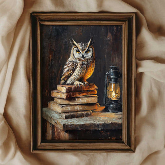 a moody wall art print of an owl sitting on a stack of books, illuminated by a lantern. The print is in the style of a vintage oil painting.