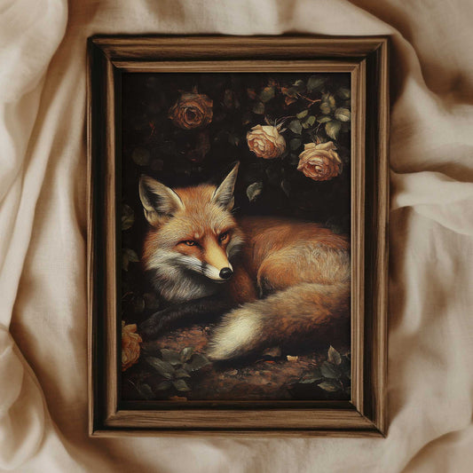 a moody vintage painting of a red fox laying on the ground between rose bushes. The print has a textured appereance. 