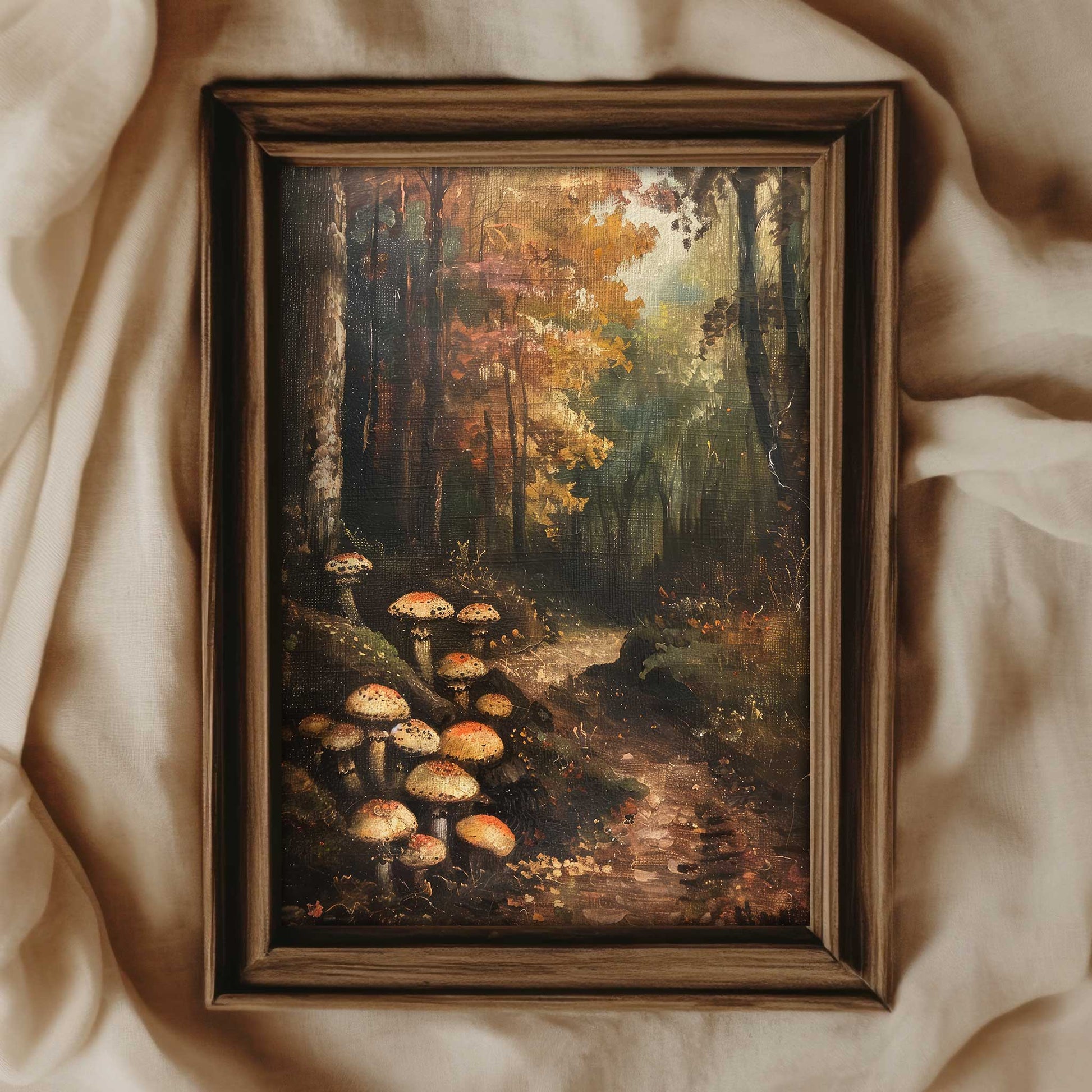 a vintage style painting of mushrooms growing in an autumn forest