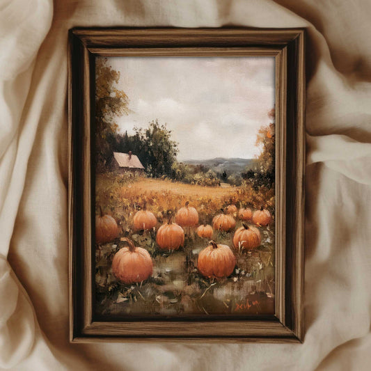 a vintage style painting of a pumpkin patch with a small house in the background. The print has muted colors. 