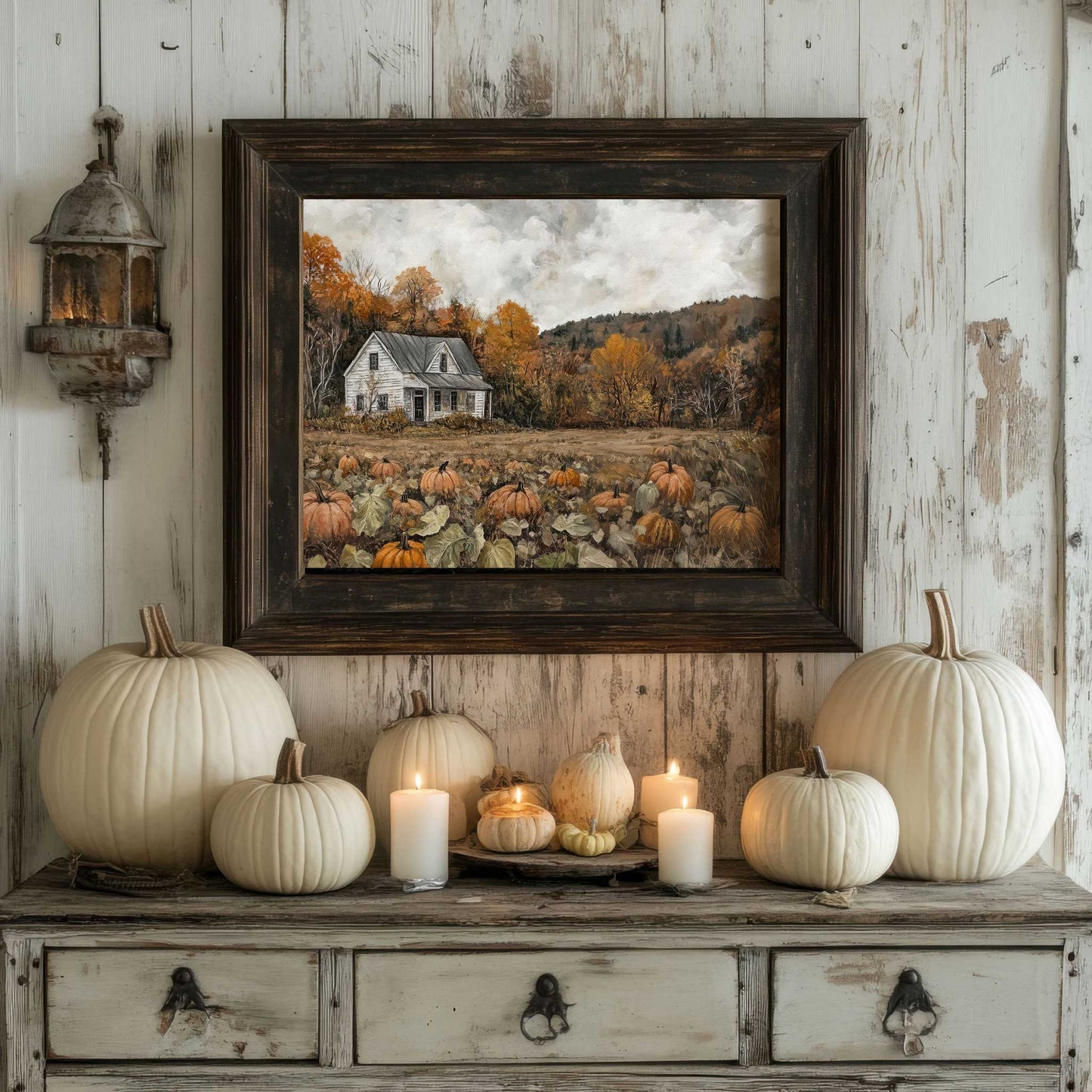 muted pumpkin patch landscape painting in a rustic cottage living room