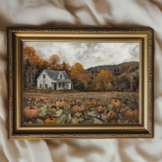 a landscape print of a pumpkin patch with a small farmhouse in the background. The print is in muted colors and in the style of a vintage painting.