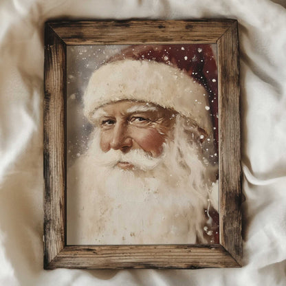 a muted portrait print of Santa Claus. The print is in the style of a vintage painting. 