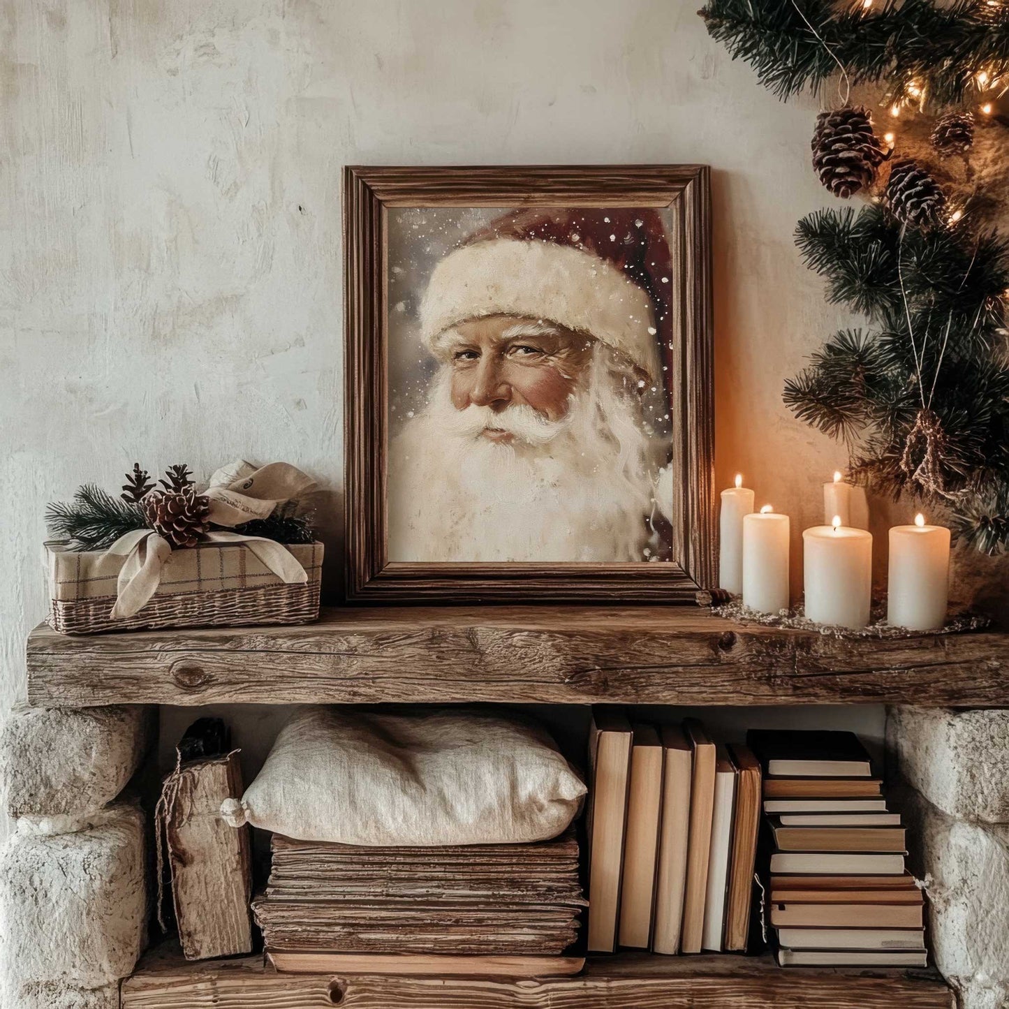 muted santa print styled in a cottage living room